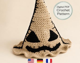 Halloween Crochet Pattern, Witch Hat Crochet, Gothic Wizard Hat, Spooky Monster Ghost Hat, US Terms, 3 languages, step photos