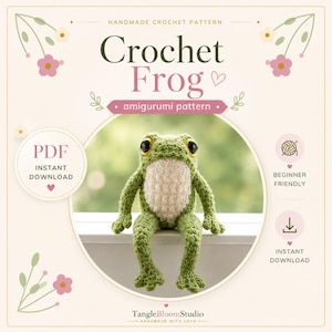 May include: A crochet frog amigurumi pattern featuring a green frog with a white belly and large dark eyes. The text reads: HANDMADE CROCHET PATTERN, Crochet Frog, amigurumi pattern, PDF INSTANT DOWNLOAD, BEGINNER FRIENDLY, INSTANT DOWNLOAD, TangleBloomStudio.