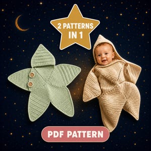 Può includere: Un modello all'uncinetto per una coperta avvolgente per neonati a forma di stella, mostrata in verde chiaro e in beige indossata da un bambino. L'immagine include il testo 2 PATTERNS IN 1 e PDF PATTERN su uno sfondo notturno stellato.