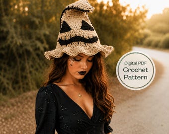 Halloween Hat Crochet Pattern PDF | Crochet Witch Hat Pattern | Adult Costume Hat | Wizard Hat | 3 Languages | US Terms