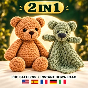 May include: A crochet tan teddy bear and a green bear lovey with the text 2 IN 1, PDF PATTERNS, INSTANT DOWNLOAD, and five national flags. The tan bear has a round body and limbs, while the green bear features a small head with a blanket body.
