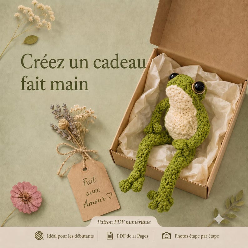 May include: A green and cream crocheted frog toy with large black eyes, nestled in a cardboard gift box lined with white tissue paper. Beside the box is a brown paper tag with the text Fait avec Amour and a small dried flower bouquet.