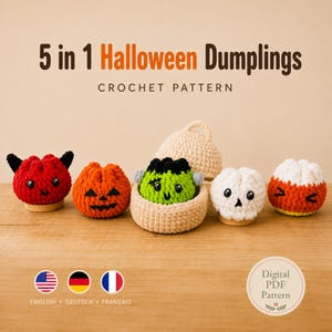 Halloween Dumplings Patron Crochet Français, Amigurumi mignons, 5 en 1 Citrouille Crâne Diable avec panier, Tuto PDF pour débutant