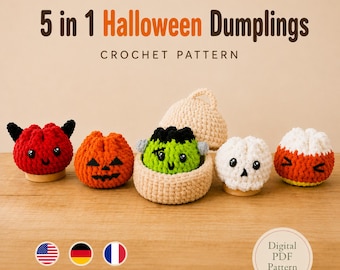 Halloween Dumplings and Steamer Crochet Pattern, No Sew Kawaii Viral Dumpling Plushie, 5 in 1 Spooky Amigurumi Dumplings, Easy Beginner DIY