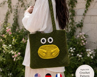 Crochet Tote Bag Pattern PDF, Beginner Shoulder Bag, Cute Frog Bag, English German French, Boho Market Bag, Instant Download