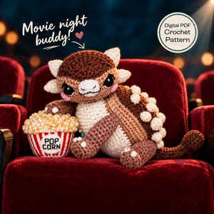 May include: A brown and cream crocheted creature with small horns and a textured back, holding a crocheted bucket of popcorn with the text POP CORN. The image includes the text Movie night buddy! and Digital PDF Crochet Pattern.