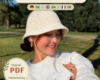 Bucket Hat Häkelanleitung PDF, Fischerhut häkeln einfach, für Anfänger, 3 Größen mit Fotos, Sommerhut, Deutsch Englisch Französisch
