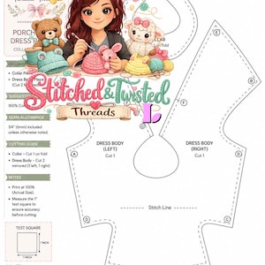 May include: A sewing pattern for a dress featuring a cartoon illustration of a person crafting with plush toys. The document includes a cutting guide, a 1-inch test square, and labeled pattern pieces for the dress body and collar with stitch lines.