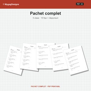 以下が含まれることがあります： Pachet completというタイトルのA4サイズ教育用ワークシート5枚セットのデジタルデータ。時計やコインのイラストが描かれた15ページの算数練習問題と解答集が含まれており、白いグリッド背景に赤いヘッダーが配置されています。