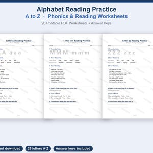 May include: Alphabet Reading Practice A to Z Phonics & Reading Worksheets featuring 26 printable PDF pages with answer keys. The worksheets include letter tracing, word reading, short stories, and comprehension exercises for letters Aa, Mm, and Zz.