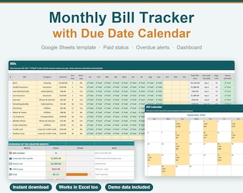 Monthly Bill Tracker Spreadsheet | Due Date Calendar, Dashboard (Google Sheets)