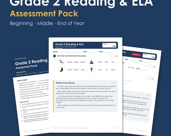 Grade 2 Reading & ELA Assessment Pack, 3 Tests, Answer Keys, Teacher Guide (PDF)