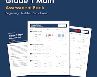 Grade 1 Math Assessment Pack, Beginning Middle End of Year Tests, Common Core (PDF)