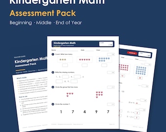 Kindergarten Math Assessment Pack, Beginning Middle End of Year Tests, Common Core (PDF)