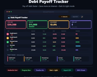 Debt Payoff Tracker | Avalanche Method | Interest Payoff Planner | Dark Mode HTML Tool