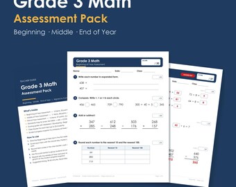 Grade 3 Math Assessment Pack, Beginning Middle End of Year Tests, Common Core (PDF)