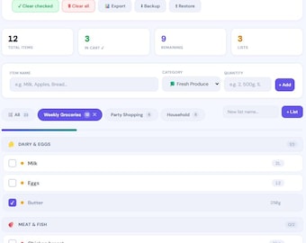 Smart Shopping List | Grocery List Organizer | Digital Template | Multiple Lists | Meal Planning Tool