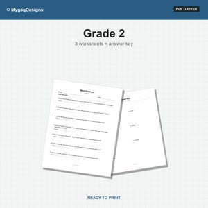 Puede incluir: Un conjunto de descarga digital de hojas de trabajo de problemas matemáticos de segundo grado con clave de respuestas. El documento incluye tres páginas de texto impreso en negro sobre papel blanco con problemas y el encabezado MygagDesigns.