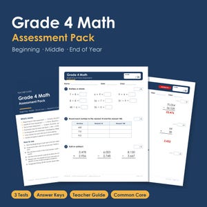 Può includere: Un pacchetto di valutazione di matematica per la quarta classe con guida per l'insegnante e tre test con chiavi di risposta. I documenti includono problemi di moltiplicazione, divisione, arrotondamento, addizione e sottrazione su carta bianca.