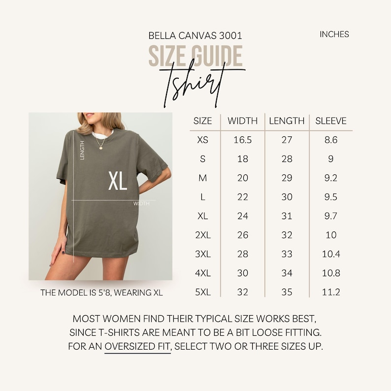 May include: A Bella Canvas 3001 t-shirt size guide chart in inches. The graphic displays a person wearing an XL olive green t-shirt with length and width lines. A table lists sizes XS through 5XL with corresponding width, length, and sleeve measurements.