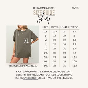 May include: A Bella Canvas 3001 t-shirt size guide chart in inches. The graphic displays a person wearing an XL olive green t-shirt with length and width lines. A table lists sizes XS through 5XL with corresponding width, length, and sleeve measurements.