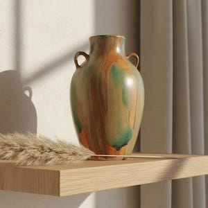 Terracotta Vase with Handle, Green Glazed Ceramic Vase, Vintage Farmhouse Decor, Boho Pottery Vase, Japandi Home Decor, Rustic Flower Vase