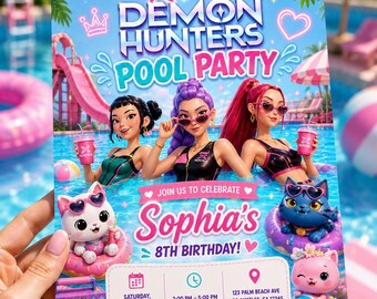 Kpop Demon Hunters Pool Party-uitnodiging, afdrukbare digitale feestsjabloon