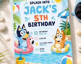Bluey Pool Party verjaardagsuitnodiging, bewerkbare uitnodiging, digitale uitnodiging
