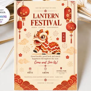 May include: A rectangular Lantern Festival invitation card featuring a central red and orange lion dance figure, hanging red lanterns, and decorative cloud patterns. The text reads: Lantern Festival, Lights Culture Togetherness, and event details.