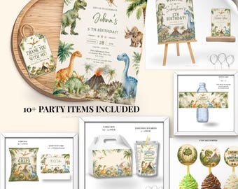 Paquete de invitaciones de cumpleaños de dinosaurios, decoración de fiesta editable, descarga instantánea (descarga digital)