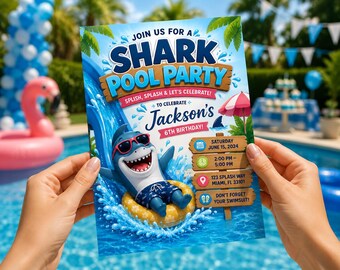 Invitación a fiesta en la piscina con temática de tiburones, Sunny Shark, plantilla editable de Canva.