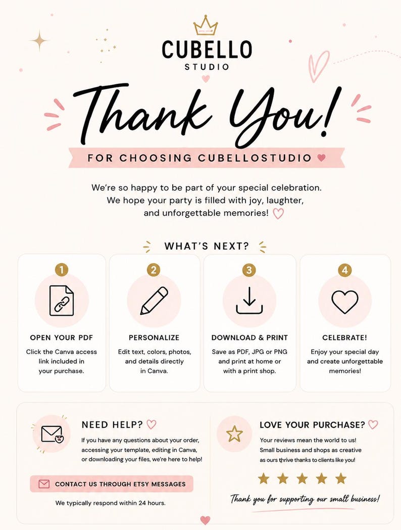 May include: A digital instruction card from Cubello Studio with a cream background, pink accents, and gold icons. It outlines four steps: open PDF, personalize in Canva, download and print, and celebrate, plus sections for help and reviews.