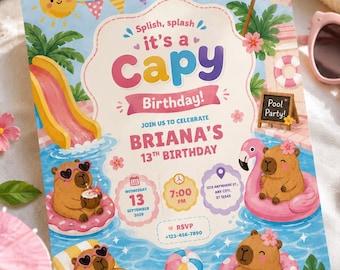 Capibara Pool Party verjaardagsuitnodiging, zomer kinderen verjaardagsuitnodiging, bewerkbare sjablonen, (digitale download)