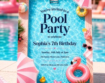 Invitación de cumpleaños con temática de fiesta en la piscina, plantilla editable de Canva, invitación de cumpleaños de verano.
