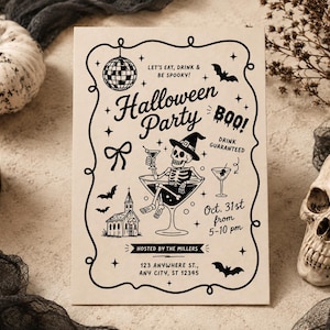 May include: A rectangular Halloween party invitation card with black ink on a cream background. It features a skeleton in a martini glass, a disco ball, bats, a church, and text reading: Let's eat, drink & be spooky! Halloween Party, Oct. 31st.