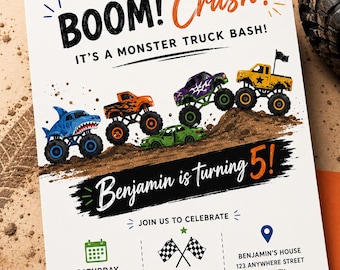 Monster Truck verjaardagsuitnodiging, Monster Jam-feestuitnodiging, bewerkbare canvassjabloon