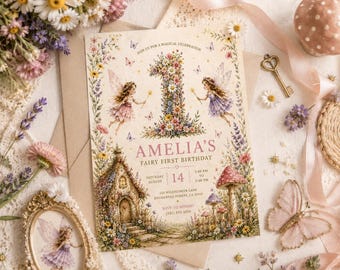 Wildflower Fairy eerste verjaardagsuitnodiging | Bewerkbare canvassjabloon