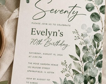 Plantilla de invitación para el 70 cumpleaños / Invitación editable en Canva con eucalipto verde salvia