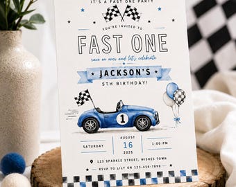 Fast One Birthday Invitation |Blue Race Car Birthday Invite | Editable Canva Template