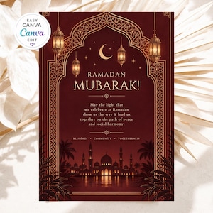 Op de afbeelding: Een donkerrode Ramadan Mubarak wenskaart met een gouden boogframe, hangende lantaarns, een halve maan en het silhouet van een moskee. De tekst luidt: Ramadan Mubarak! May the light that we celebrate at Ramadan show us the way.