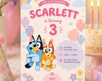 Bluey verjaardagsuitnodiging, bewerkbare sjabloon, afdrukbare uitnodiging voor kinderfeestje, (direct downloaden)
