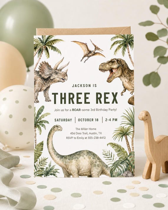 Three Rex Birthday Invitation, Dinosaur Party , 3rd Birthday Invite, Editable Canva Template