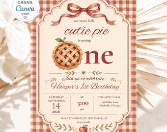 Einladung zum ersten Geburtstag „Cutie Pie“, Canva-Vorlage mit Vichy-Karo-Herbstmotiv (Digitaler Download)