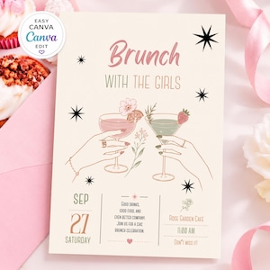 May include: A rectangular invitation card with a cream background featuring the text Brunch WITH THE GIRLS. The design includes illustrations of two hands holding cocktail glasses, black star icons, and event details for September 27 at Rose Garden Cafe.