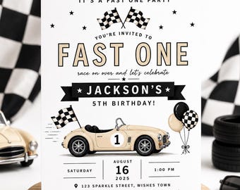 Invitación de cumpleaños con temática de coche de carreras Fast One / Invitación para el primer cumpleaños de un niño, plantilla editable de Canva.