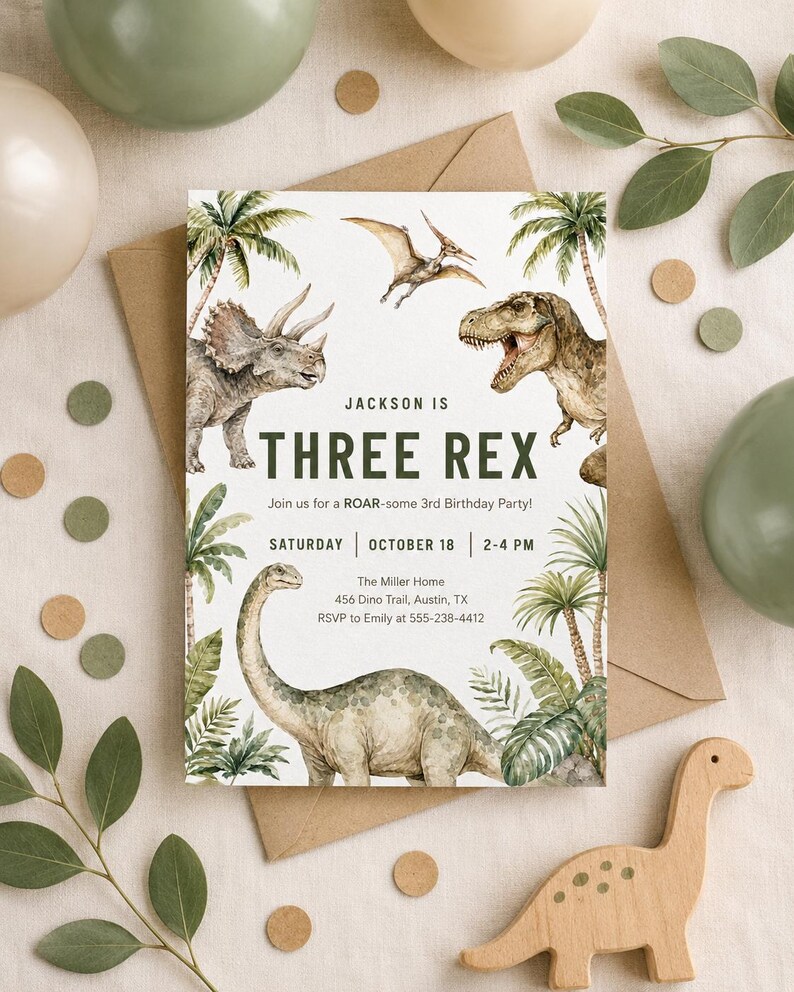 K&ouml;nnte beinhalten: Eine rechteckige Geburtstagseinladungskarte mit Aquarellillustrationen eines Triceratops, eines Pterodactyls, eines Tyrannosaurus Rex und eines langhalsigen Dinosauriers zwischen Palmen. Der Text lautet: Jackson is THREE REX, Join us for a ROAR-some 3rd Birthday Party, Saturday, October 18, 2-4 PM, The Miller Home, 456 Dino Trail, Austin, TX, RSVP to Emily at 555-238-4412.