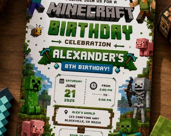 Pixel Block, Minecraft-verjaardagsuitnodiging | Bewerkbare canvassjabloon