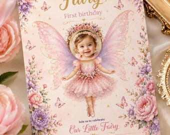 Fairy First Birthday Invitation | Photo Personalization Canva Template | Editable 1st Birthday Girl Invite