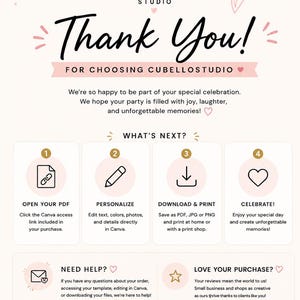 K&ouml;nnte beinhalten: Eine hellrosa Anleitungskarte von Cubello Studio mit schwarzem Text, der Thank You! For Choosing CubelloStudio lautet. Sie beschreibt vier Schritte zur Verwendung einer digitalen Vorlage, einschlie&szlig;lich Symbolen zum &Ouml;ffnen, Personalisieren, Herunterladen und Feiern.