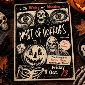 May include: A rectangular poster titled Night of Horrors featuring a black and white illustration of a skeleton with a pumpkin head, a hooded skull, and large eyes. The text reads The Weird and Macabre, A nightmare, On Stag, Shiver & Shudder, The Creepiest Horror Show You've Ever Seen!, Friday Oct. 13, and One Night Only.